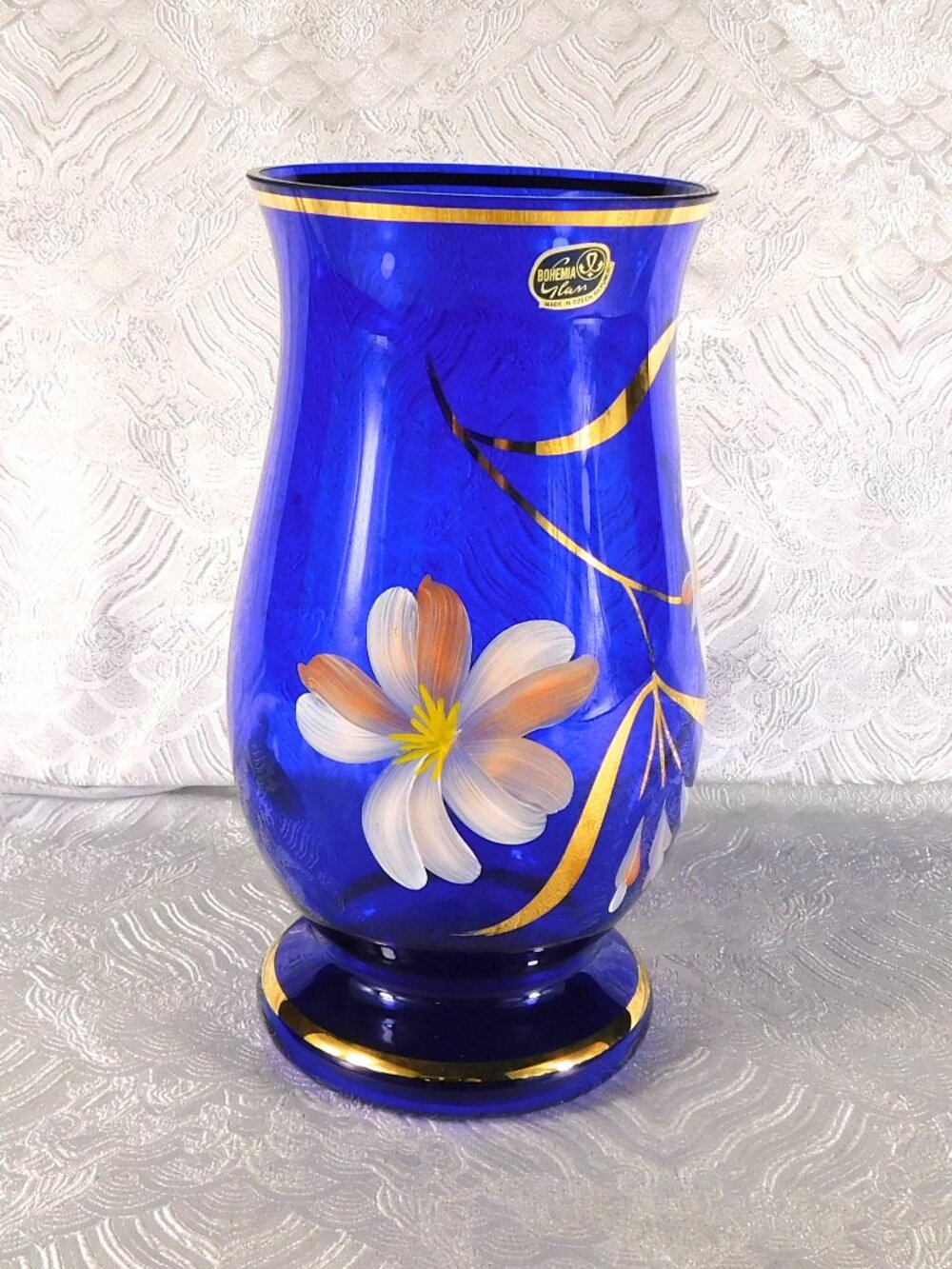 Blue Glass Bohemia Hand Painted Vase # 27739